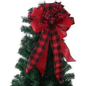 Christmas Tree Topper Bow, Red Black Plaid Buffalo Toppers Decorative Bow